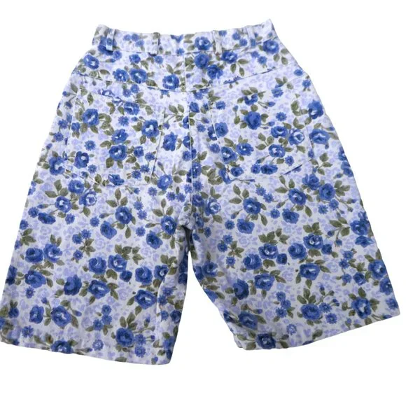 25x9 Vintage Erika Floral Denim Bermuda Shorts High Waist YKK Zip Fly Pockets - Picture 1 of 8